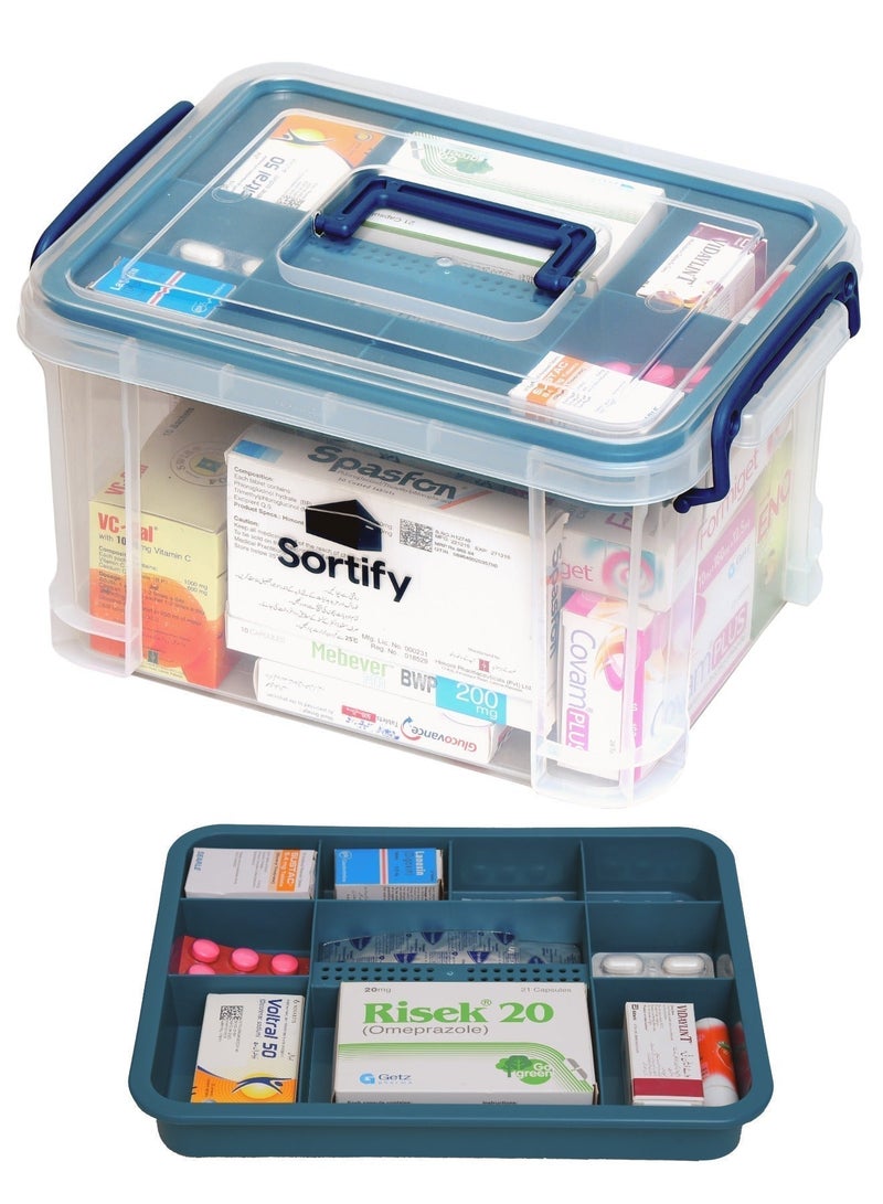 سورتيفي منظم الأدوية وصندوق التخزين، ابقَ منظمًا مع صندوق الأدوية الكبير بحجم 33x24x19 سم، صندوق إسعافات أولية بلاستيكي مزود بدرج ومقابض أمان للأطفال, لون متنوع - Image 1